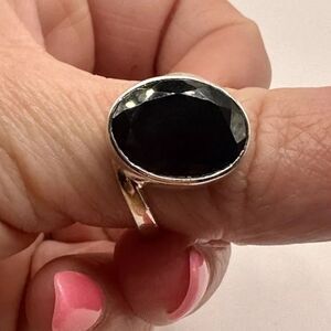 Sterling Silver,925, Black Glass Stone Ring Sz 8.5